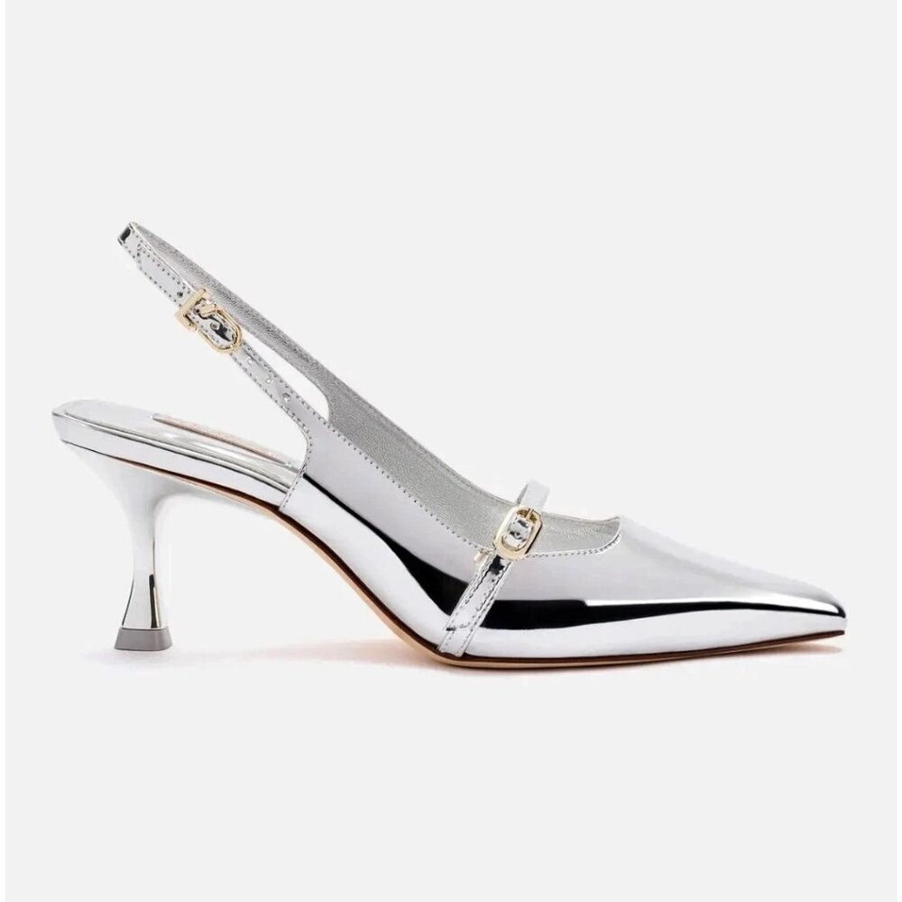 $360 LARROUDE Ines Pump POINTED BUCKLE LEATHER Silver Specchio 6.5 (DD17)